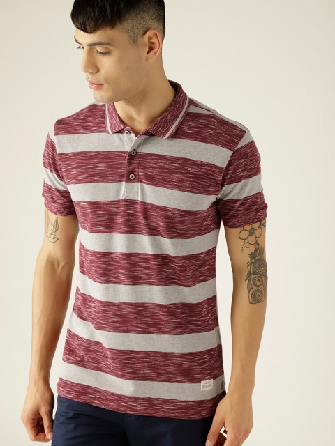 

United Colors of Benetton Men Grey Melange Maroon Striped Polo Collar Pure Cotton T-shirt