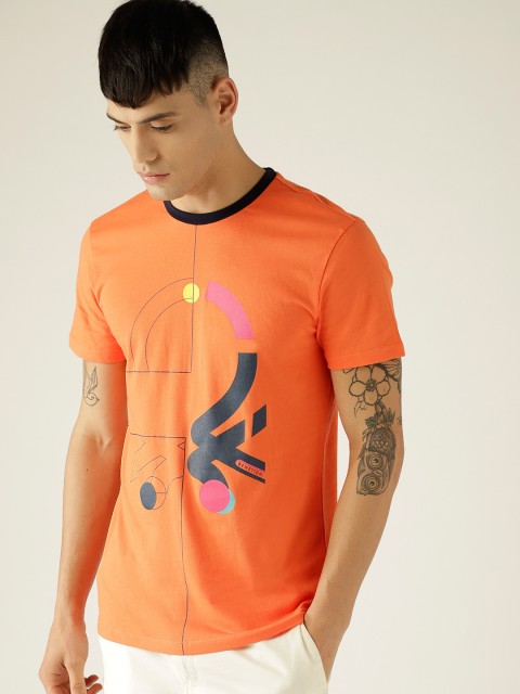 

United Colors of Benetton Men Orange Printed Round Neck T-shirt