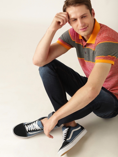 

United Colors of Benetton Men Coral Red Striped Polo Collar T-shirt