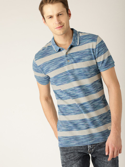 

United Colors of Benetton Men Blue & Grey Melange Striped Polo Collar T-shirt
