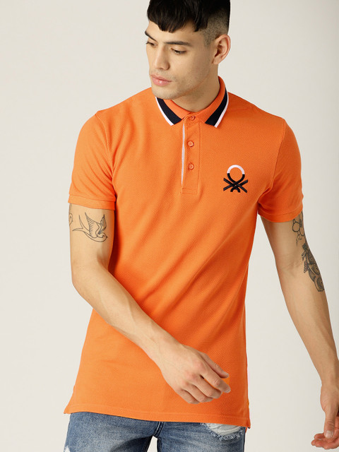 

United Colors of Benetton Men Orange Solid Polo Collar T-shirt