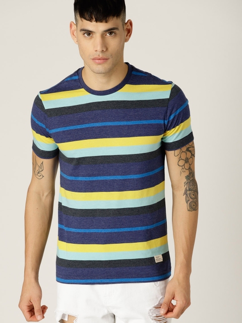 

United Colors of Benetton Men Navy Blue Striped Round Neck T-shirt