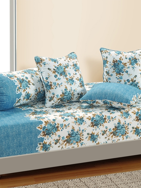 

SWAYAM White and Blue Floral Print 160 TC Diwan Set with Bolster and Cushion Covers