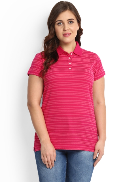

aLL Plus Size Women Fuchsia Pink Striped Polo Collar T-shirt
