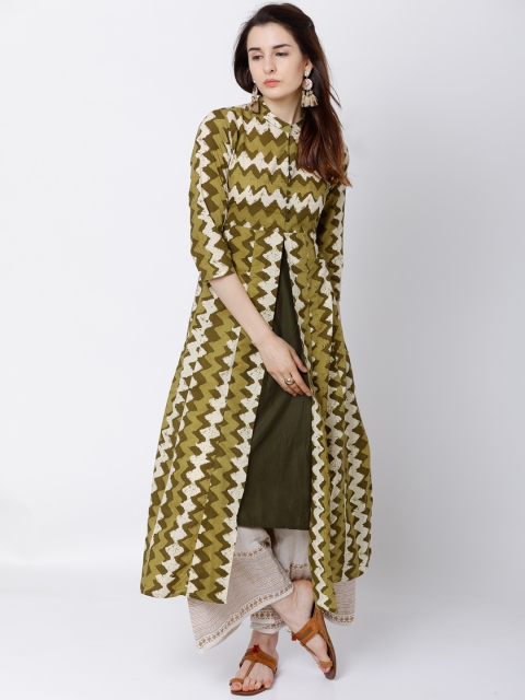 

Vishudh Women Beige & Olive Green Printed A-Line Kurta