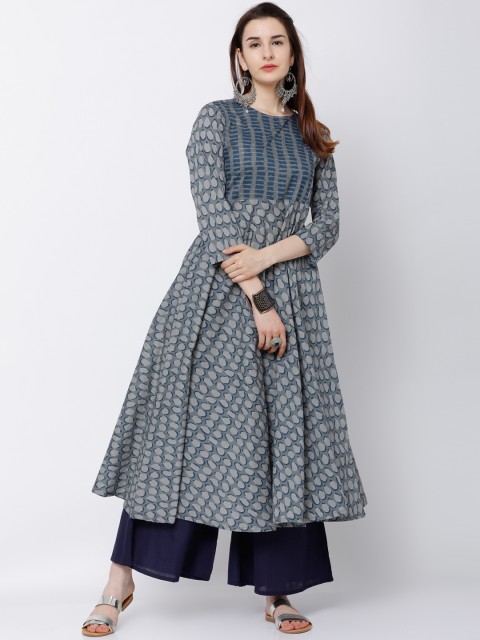 

Vishudh Women Grey & Blue Printed Anarkali Kurta