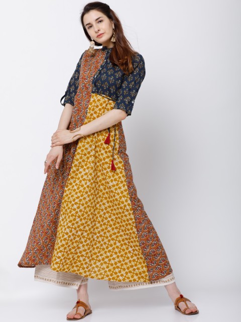 

Vishudh Women Mustard & Navy Blue Printed A-Line Kurta