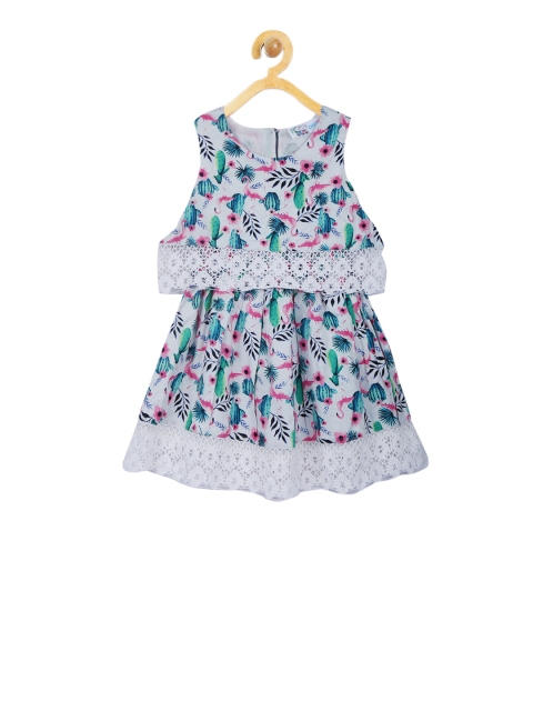 

CHUTPUT Girls White & Blue Printed Fit and Flare Dress