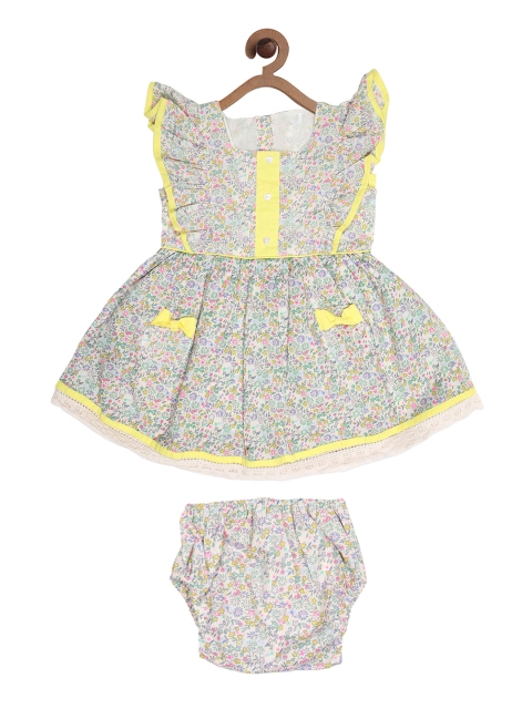 

CHUTPUT Girls Cream-Coloured Printed Fit and Flare Dress With Briefs