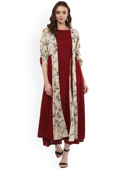 

Idalia Women Maroon Printed Fit and Flare Dress With Shrug
