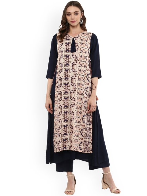 

Idalia Women Navy Blue Printed A-Line Kurta