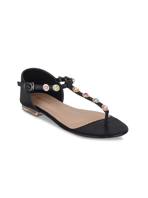 

SHUZ TOUCH Women Black Solid Synthetic Patent T-Strap Flats