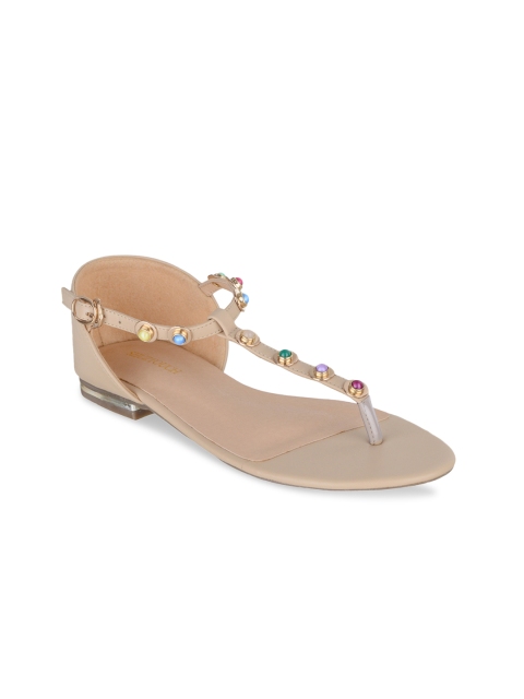 

SHUZ TOUCH Women Beige Solid Synthetic Patent T-Strap Flats