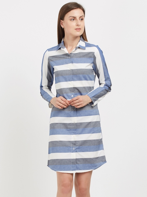 

MISH Women White & Blue Striped Shirt Dress