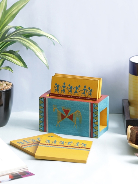 

VarEesha Set of 4 Blue & Yellow Wooden Coasters