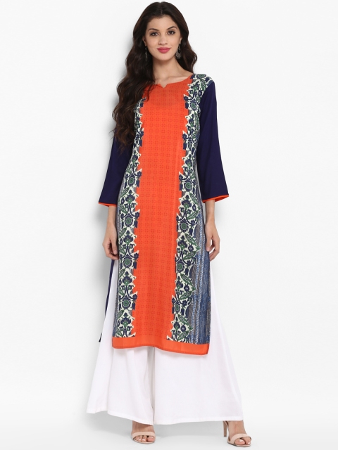 

Vaamsi Women Orange & Navy Blue Printed Straight Kurta