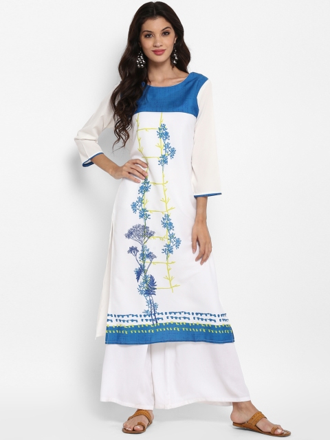 

Vaamsi Women White & Blue Printed Straight Kurta