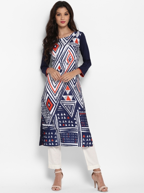 

Vaamsi Women Navy Blue & White Printed Straight Kurta