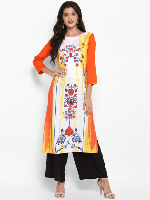 

Vaamsi Women White & Orange Printed Straight Kurta