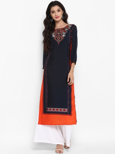 

Vaamsi Women Navy Blue & Orange Printed Straight Kurta