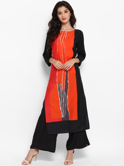 

Vaamsi Women Orange & Black Printed Straight Kurta