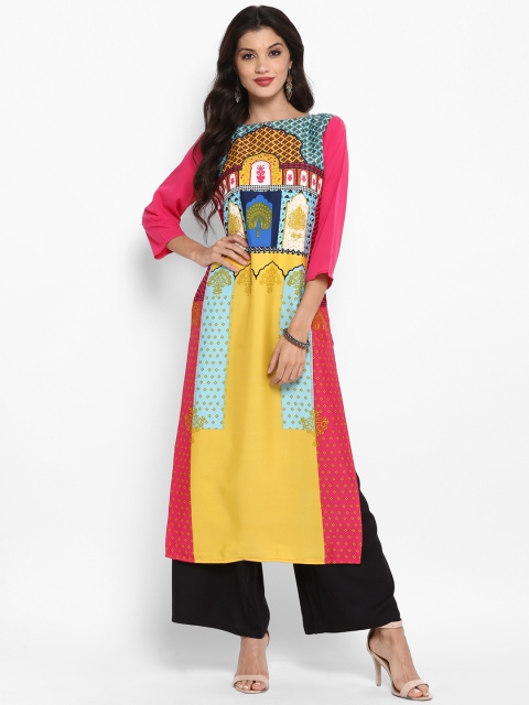 

Vaamsi Women Yellow & Pink Printed Straight Kurta