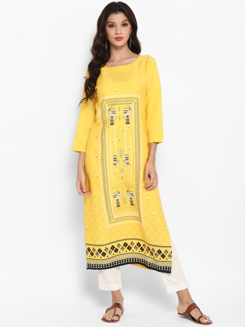

Vaamsi Women Yellow Printed Straight Kurta
