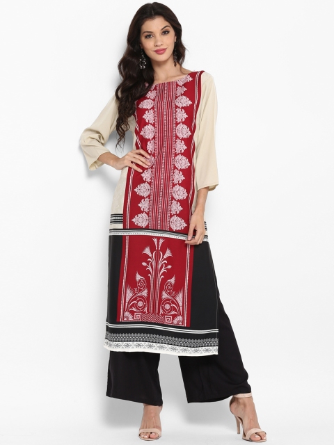 

Vaamsi Women Maroon & Beige Printed Straight Kurta