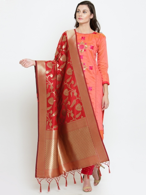 

Sugathari Red & Gold-Toned Woven Design Dupatta