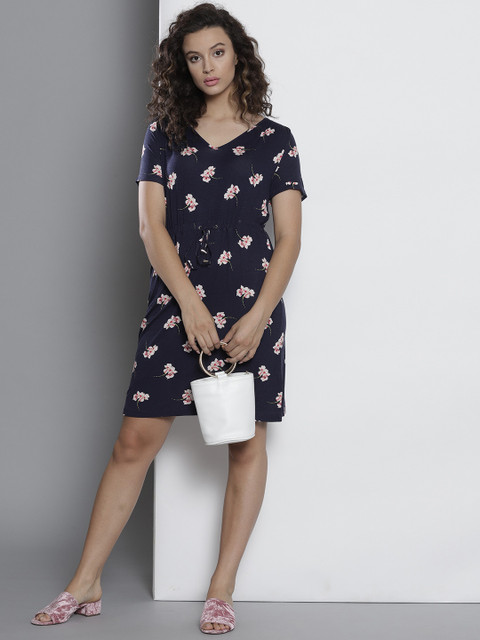 

DOROTHY PERKINS Women Navy & Pink Printed A-Line Dress, Navy blue