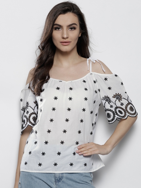 

DOROTHY PERKINS White Embroidered Cold-Shoulder Pure Cotton Top