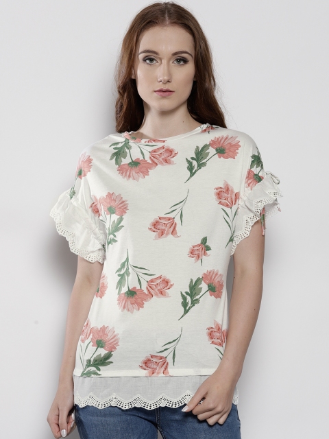 

DOROTHY PERKINS Women White & Peach-Coloured Printed Top