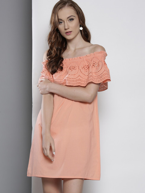 

DOROTHY PERKINS Women Peach-Coloured Solid Bardot A-Line Dress