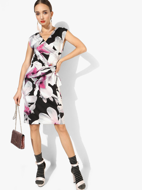 

DOROTHY PERKINS Women Black & Off-White Floral Printed Wrap Dress