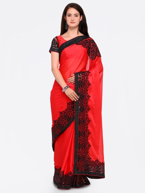 

Indian Women Red Solid Poly Georgette Saree