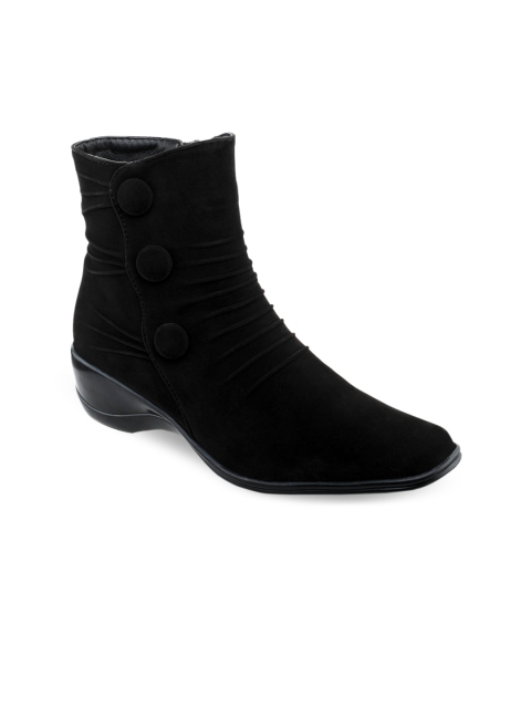 

SHUZ TOUCH Women Black Solid Mid-Top Flat Boots