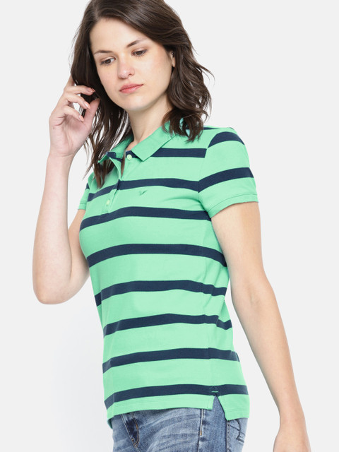 

AMERICAN EAGLE OUTFITTERS Women Green & Navy Striped Polo Collar T-shirt