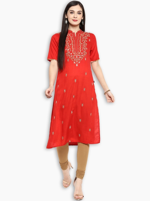 

Juniper Women Red Embroidered Straight Kurta
