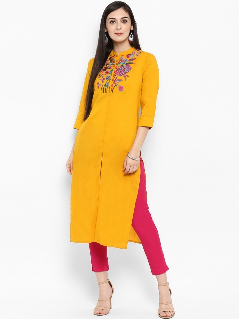 

Juniper Women Mustard Embroidered Straight Kurta