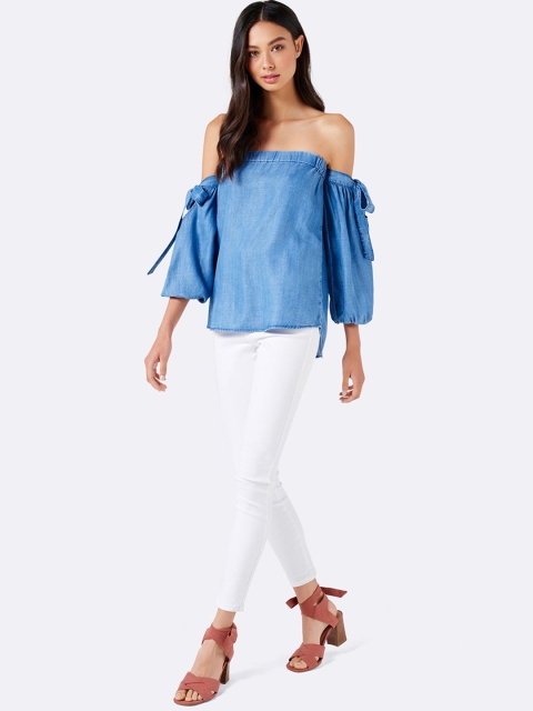 

Forever New Women Blue Solid Bardot Top