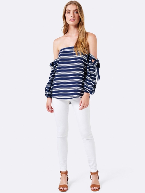 

Forever New Women Navy Blue Striped Bardot Top