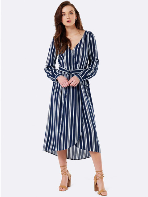 

Forever New Women Navy Blue Striped Wrap Dress