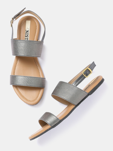 

GNIST Women Gunmetal-Toned Solid Open Toe Flats, Metallic