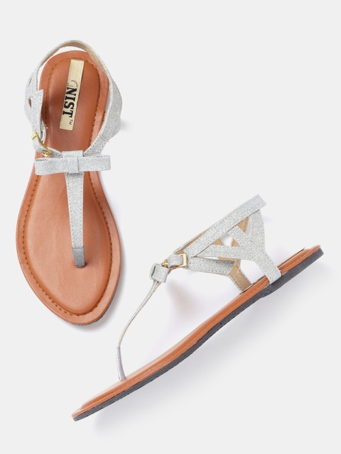 

GNIST Women Silver-Toned Solid T-Strap Flats