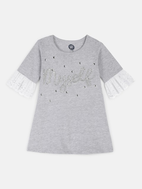 

YK Girls Grey Melange Embellished A-Line Dress