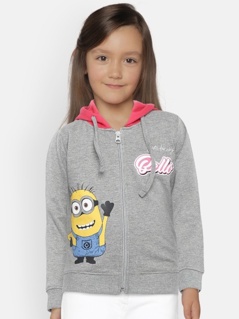 

YK Minion Girls Grey Melange Minion Print Hooded Front Open Sweatshirt