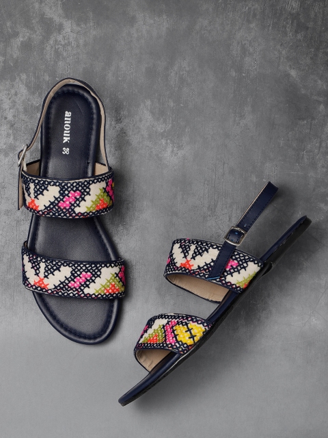 

Anouk Women Navy Blue & Off-White Woven Design Open Toe Flats