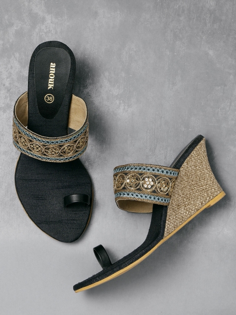 

Anouk Women Black & Gold-Toned Embroidered Wedges