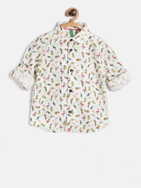 

United Colors of Benetton Boys Off-White & Green Regular Fit Printed Casual Shirt