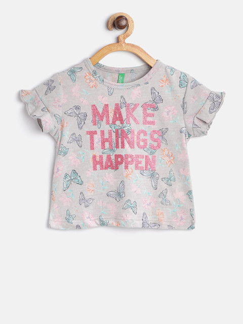 

United Colors of Benetton Girls Grey & Pink Printed Top